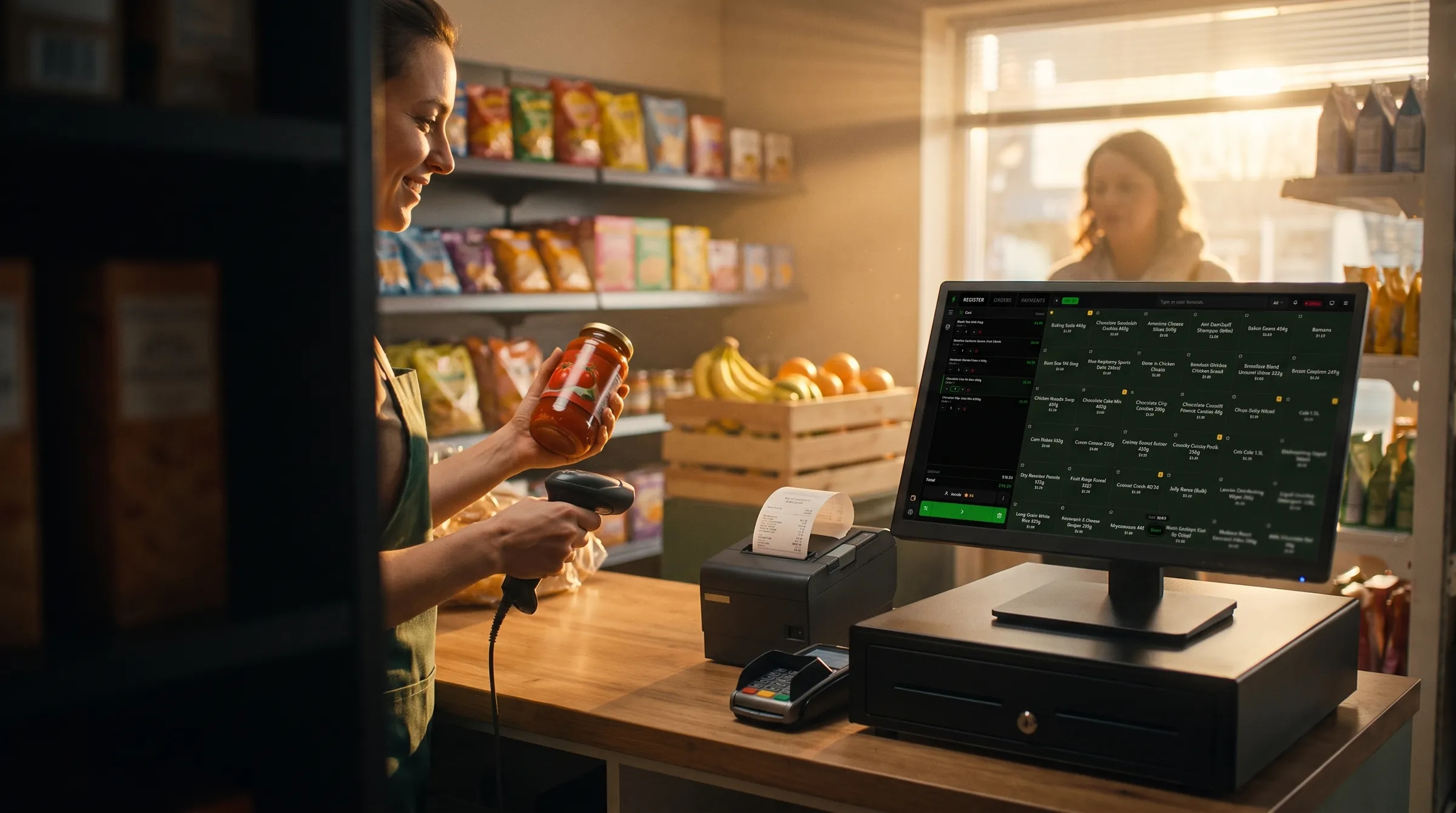 A shopkeeper scans a jar of sauce at a counter running SPEEDPOS, with a receipt printing beside her
